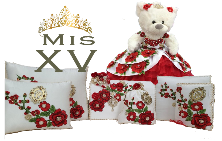 Mis XV Accessories - Personalized Quinceañera Pillow 6 Pcs. Set includes Teddy Bear and Tiara