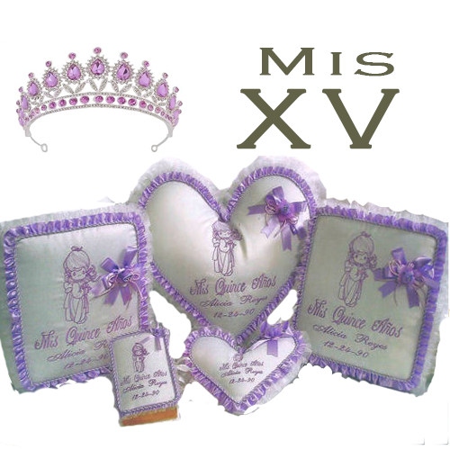 XV Heart Pillow 6 Pcs. Set.  Quinceañera Heart Pillow, Tiara Heart Pillow, Signatures Book and Photo Album, Biblia,
