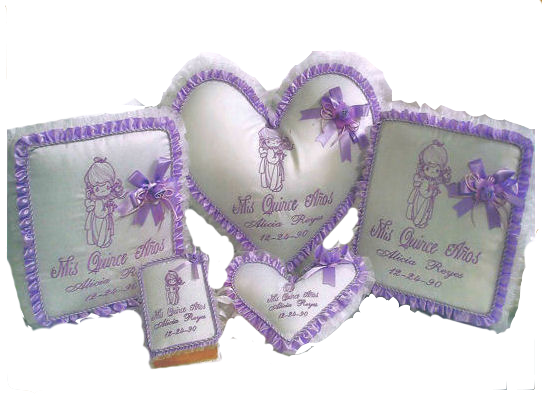 XV Heart Pillow 6 Pcs. Set.  Quinceañera Heart Pillow, Tiara Heart Pillow, Signatures Book and Photo Album, Biblia,