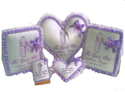 XV Heart Pillow 6 Pcs. Set.  Quinceañera Heart Pillow, Tiara Heart Pillow, Signatures Book and Photo Album, Biblia,